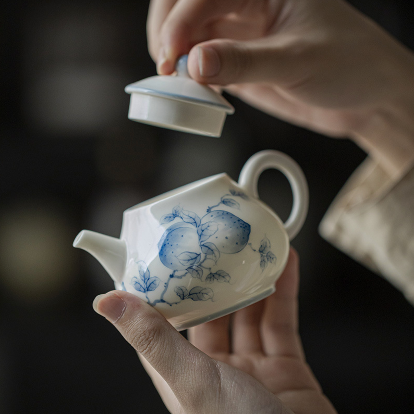 Qing Hua Longevity Peach Round Teapot