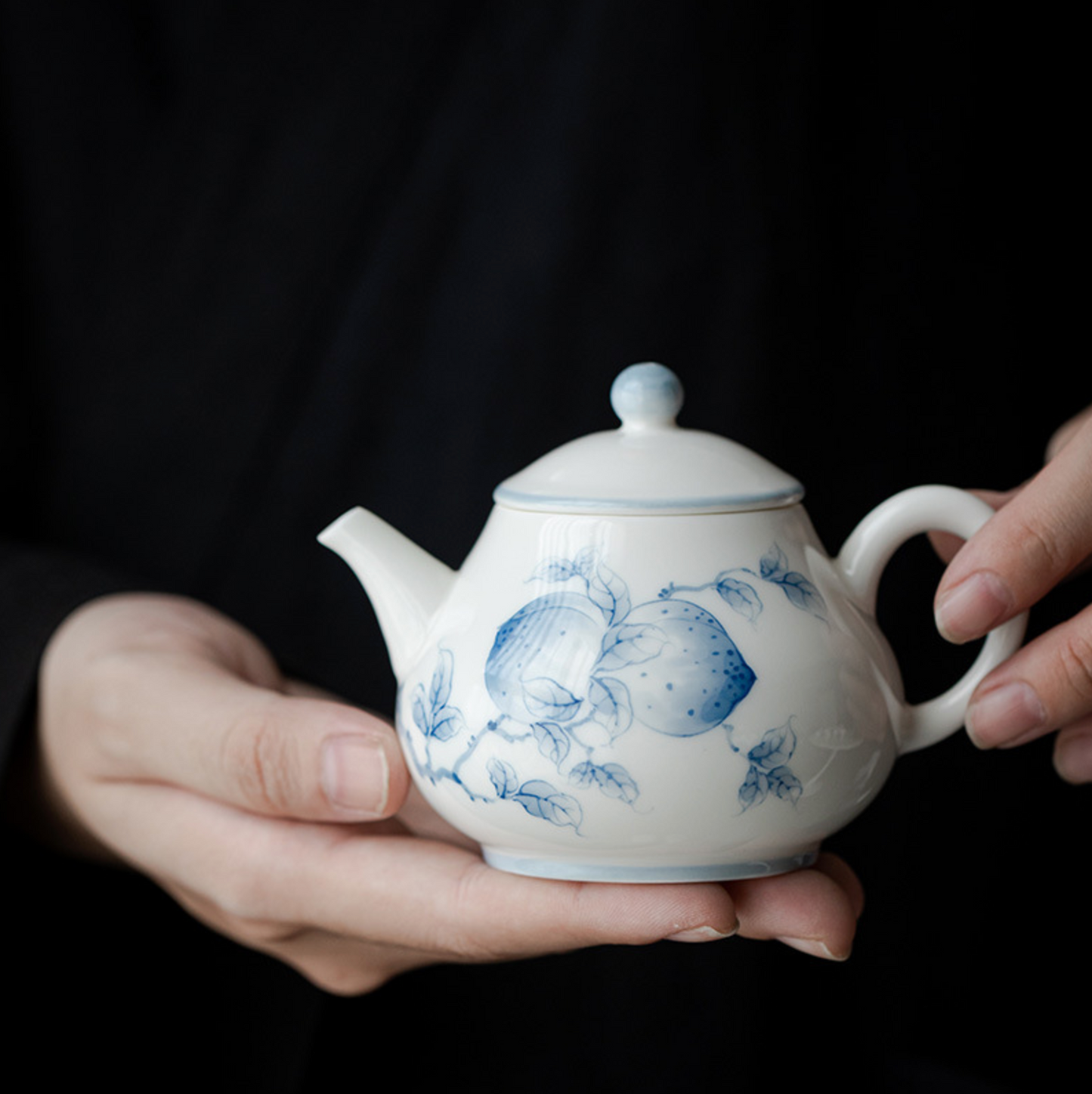 Qing Hua Longevity Peach Round Teapot