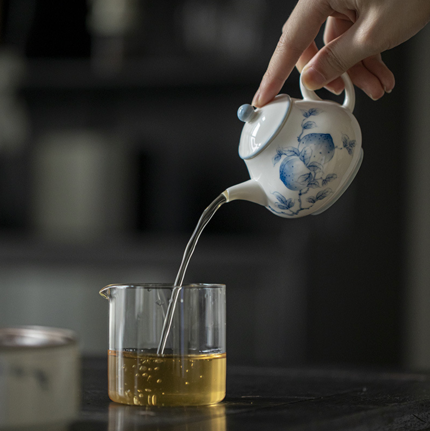 Qing Hua Longevity Peach Round Teapot