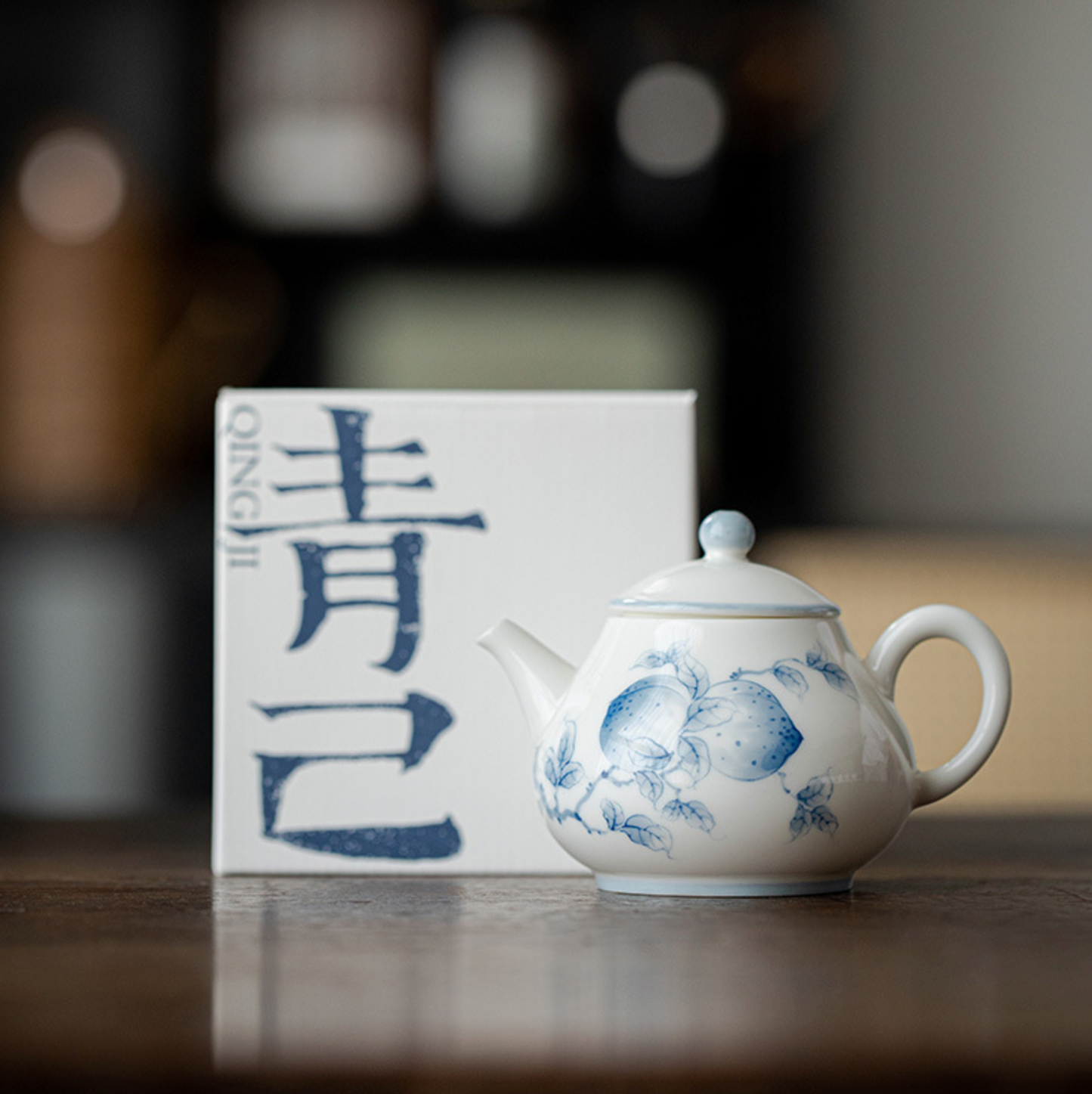 Qing Hua Longevity Peach Round Teapot