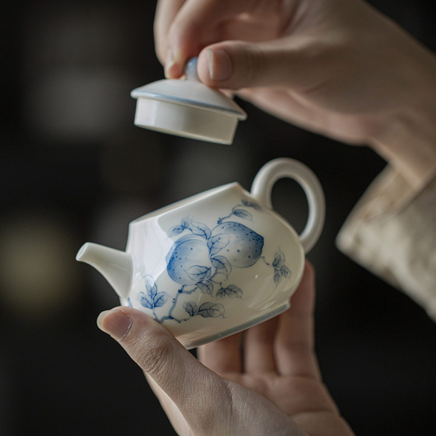 Qing Hua Longevity Peach Round Teapot