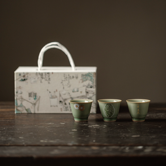 Yue Kiln 3-Piece Small Tea Cup Gift Box Set