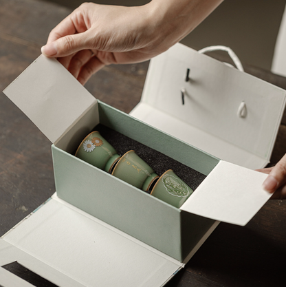Yue Kiln 3-Piece Small Tea Cup Gift Box Set