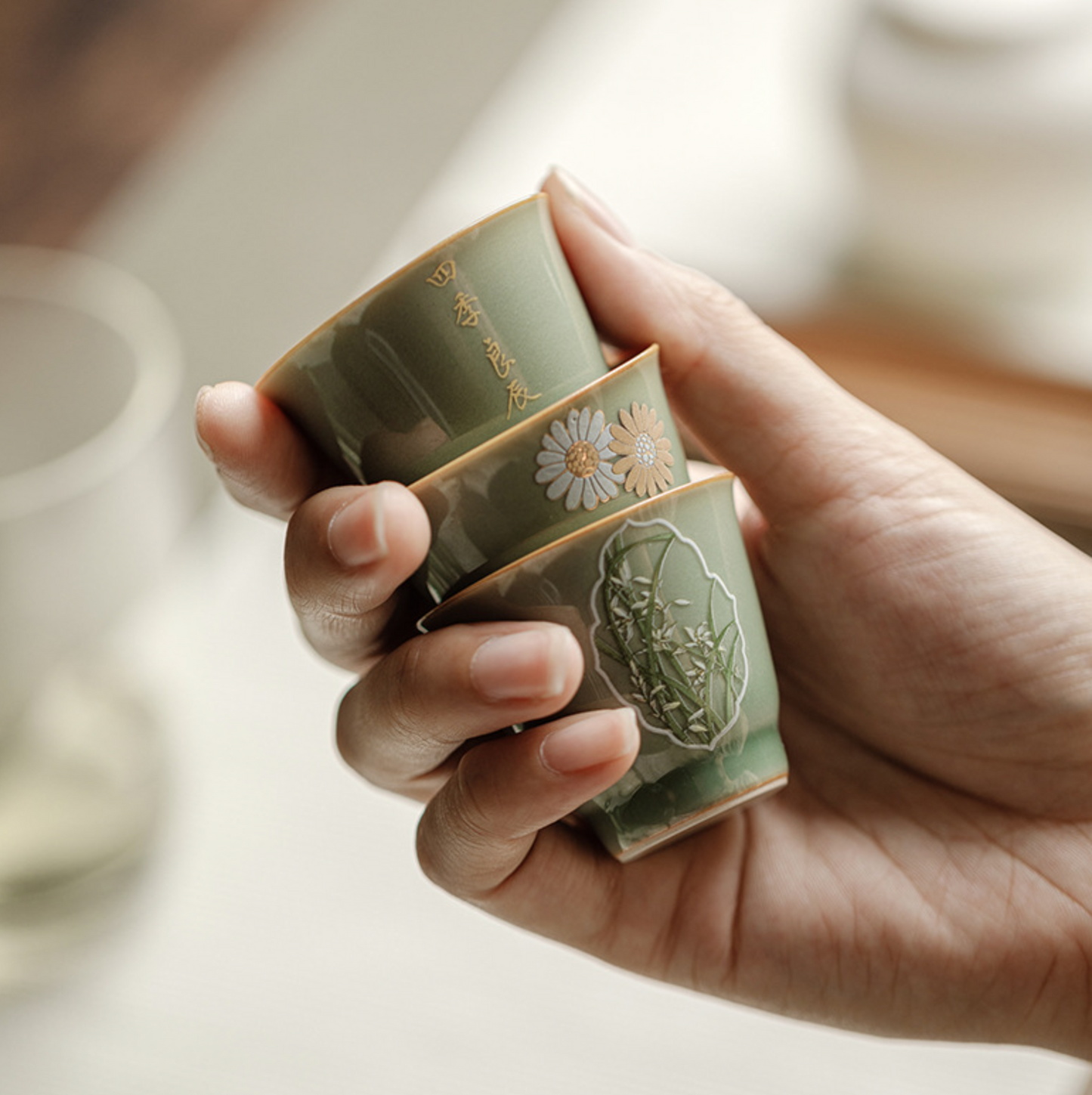 Yue Kiln 3-Piece Small Tea Cup Gift Box Set