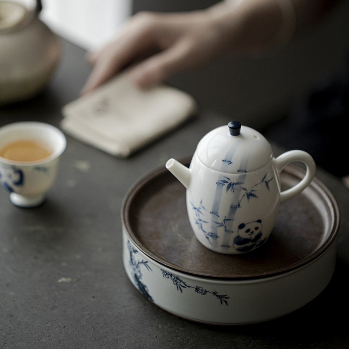 Qing Hua Panda Round Tea Pot