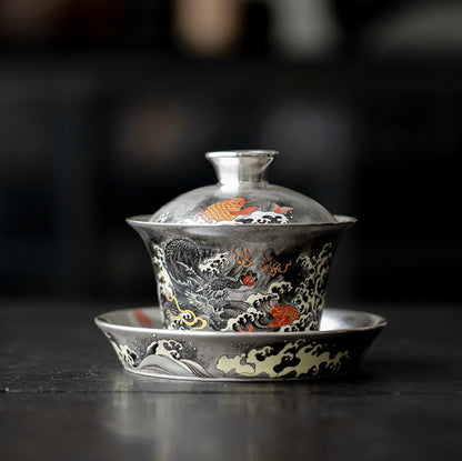 999 Sterling Silver Dragon Tea Bowl Set