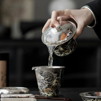999 Sterling Silver Dragon Tea Bowl Set