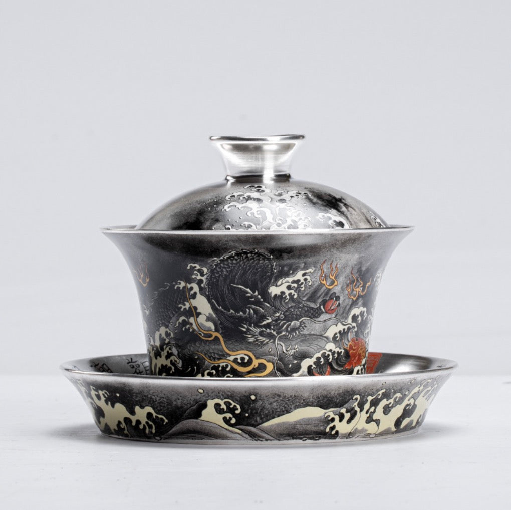 999 Sterling Silver Dragon Tea Bowl Set