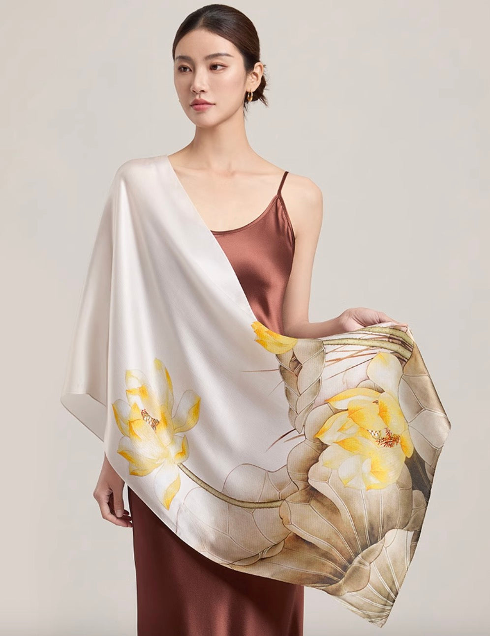 Marigold Lotus Drift Mulberry Silk Scarf (170x53cm)