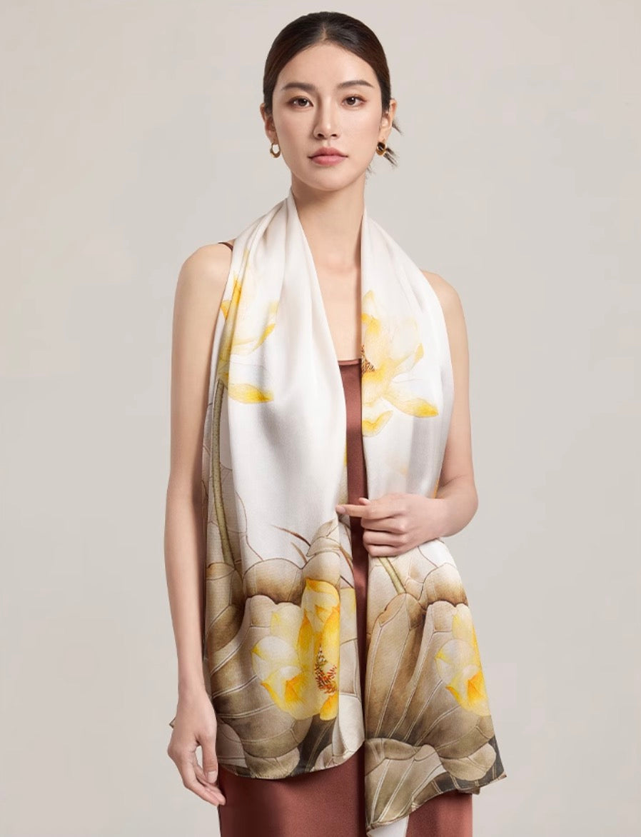 Marigold Lotus Drift Mulberry Silk Scarf (170x53cm)