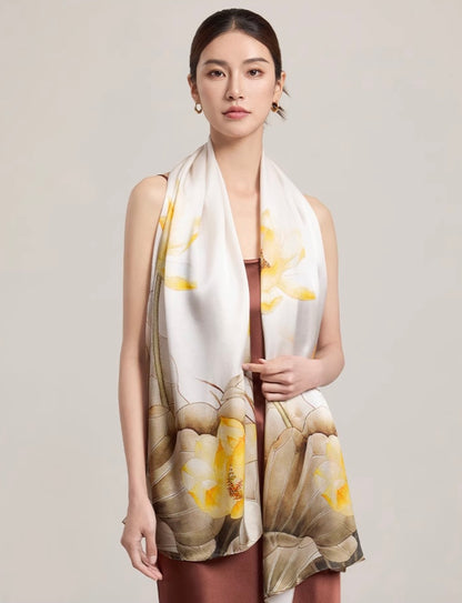 Marigold Lotus Drift Mulberry Silk Scarf (170x53cm)