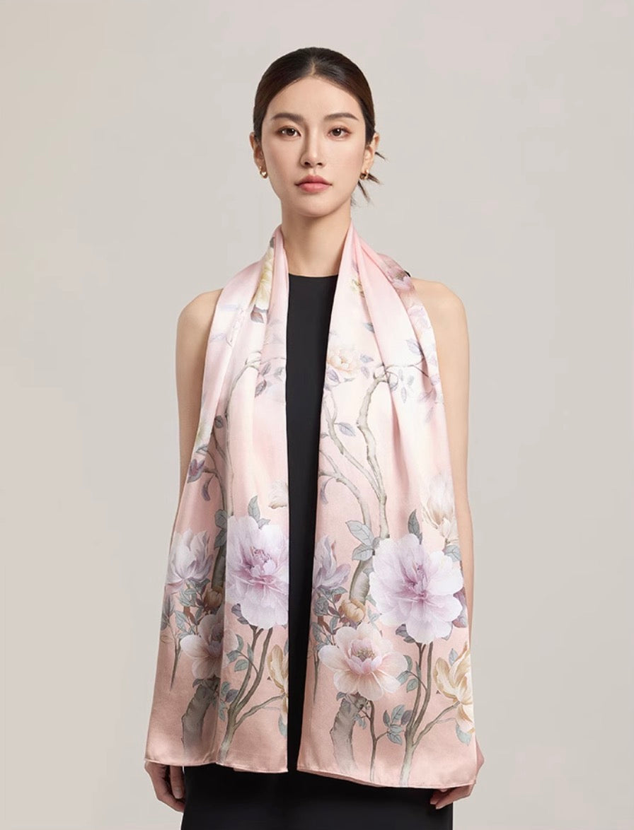 Melody of Peonies Mulberry Silk Scarf (170x53cm)