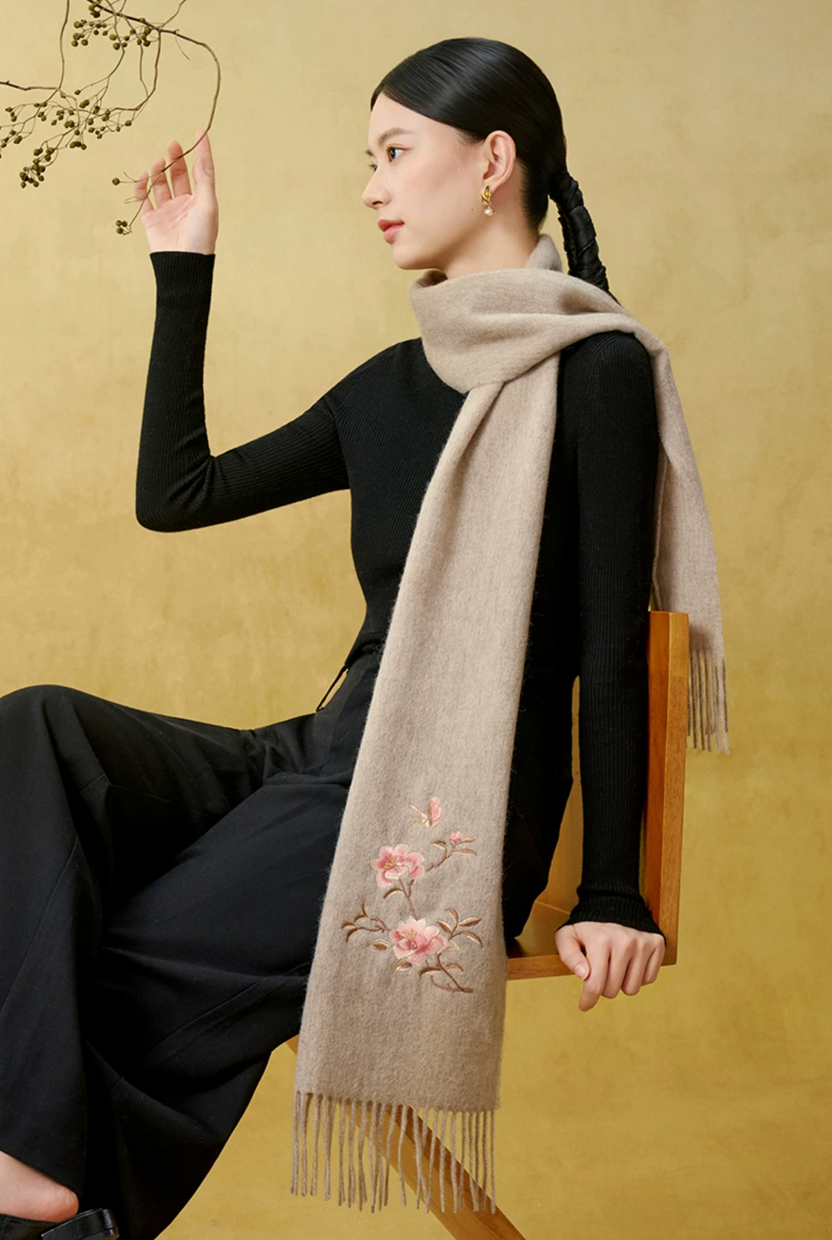 Camellia Blessings Embroidered Wool Scarf