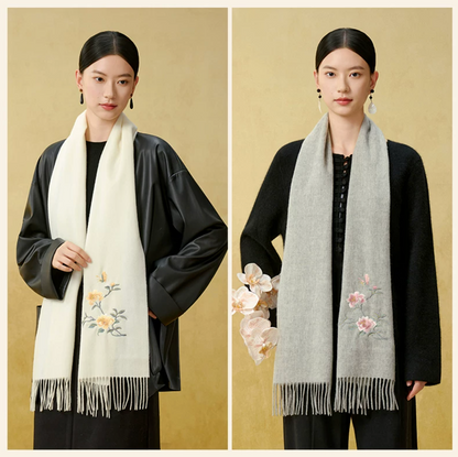 Camellia Blessings Embroidered Wool Scarf