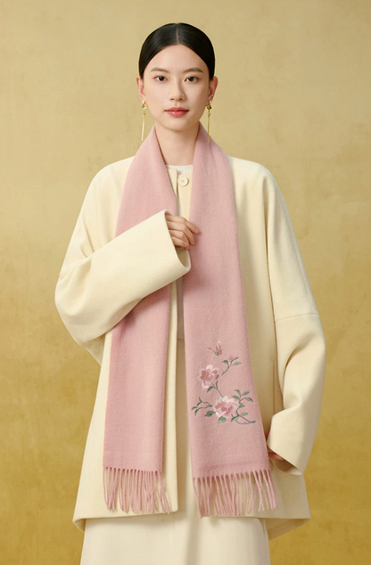 Camellia Blessings Embroidered Wool Scarf