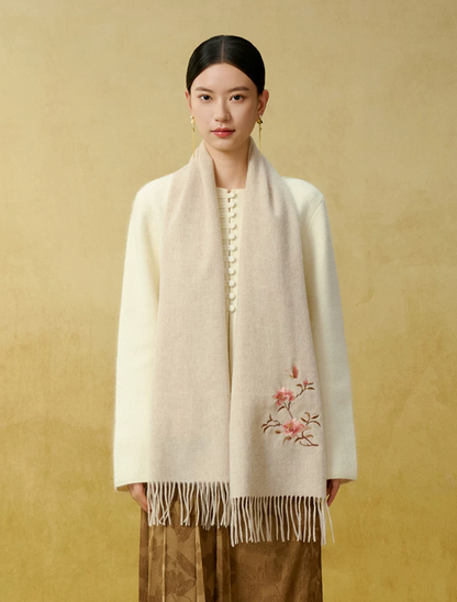 Camellia Blessings Embroidered Wool Scarf