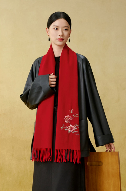 Camellia Blessings Embroidered Wool Scarf