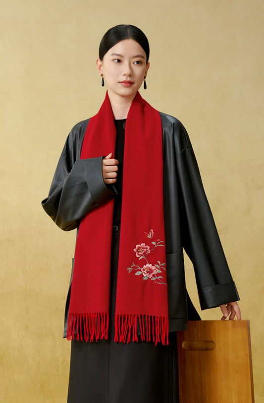 Camellia Blessings Embroidered Wool Scarf