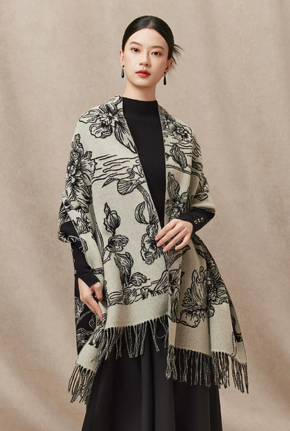 Spring Radiance Floral Reversible Wool Scarf / Shawl