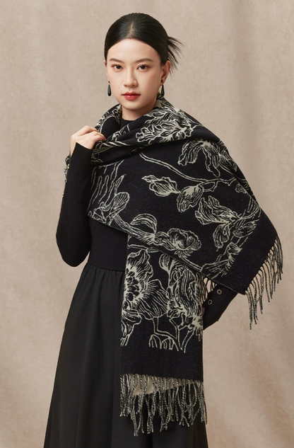 Spring Radiance Floral Reversible Wool Scarf / Shawl