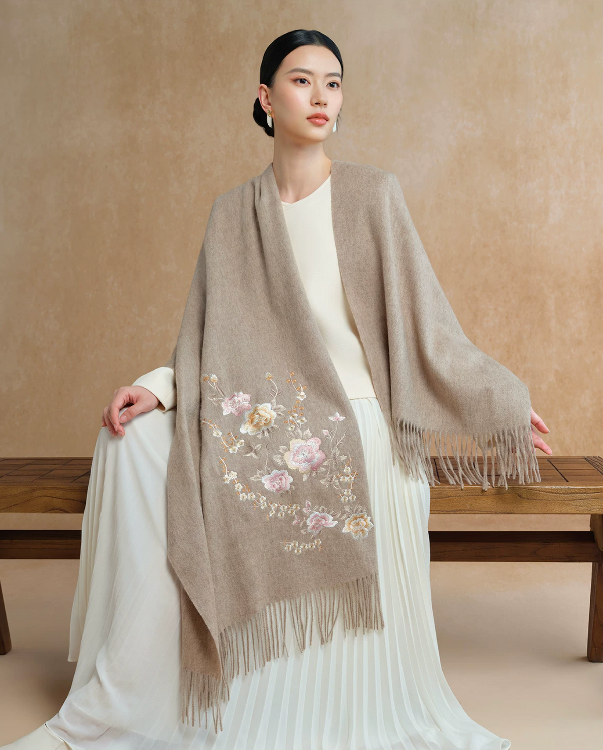 Spring in Bloom Embroidered Wool Scarf / Shawl