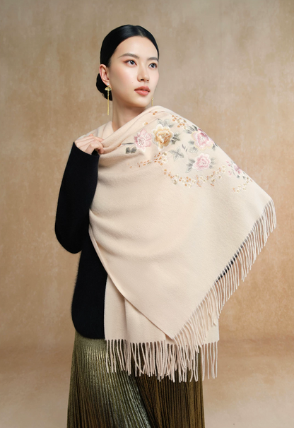 Spring in Bloom Embroidered Wool Scarf / Shawl