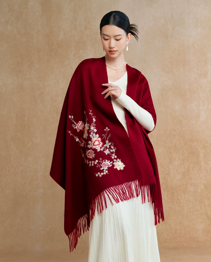 Spring in Bloom Embroidered Wool Scarf / Shawl