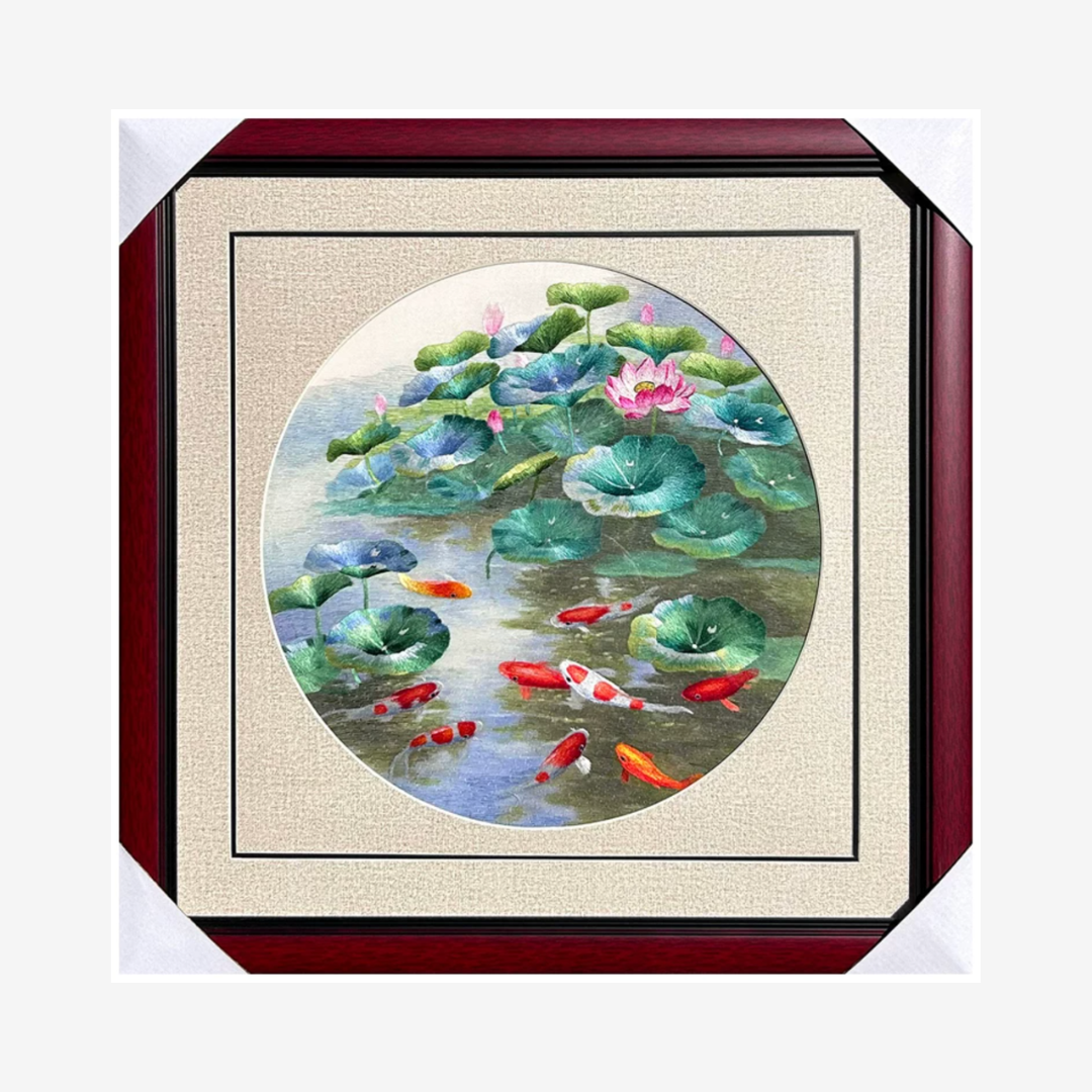 Su Embroidery Framed Wall Painting Art | Nine Koi Beneath the Lotus