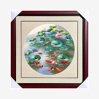 Su Embroidery Framed Wall Painting Art | Nine Koi Beneath the Lotus