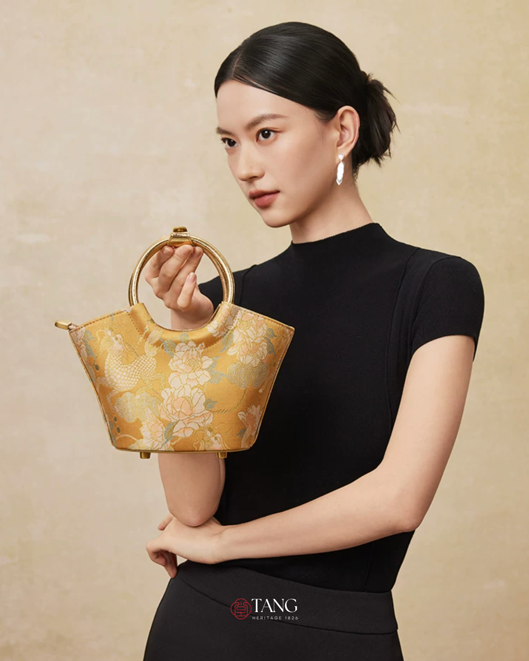 Tang Gold 15 Qilin Peony Song Brocade Basket Bag