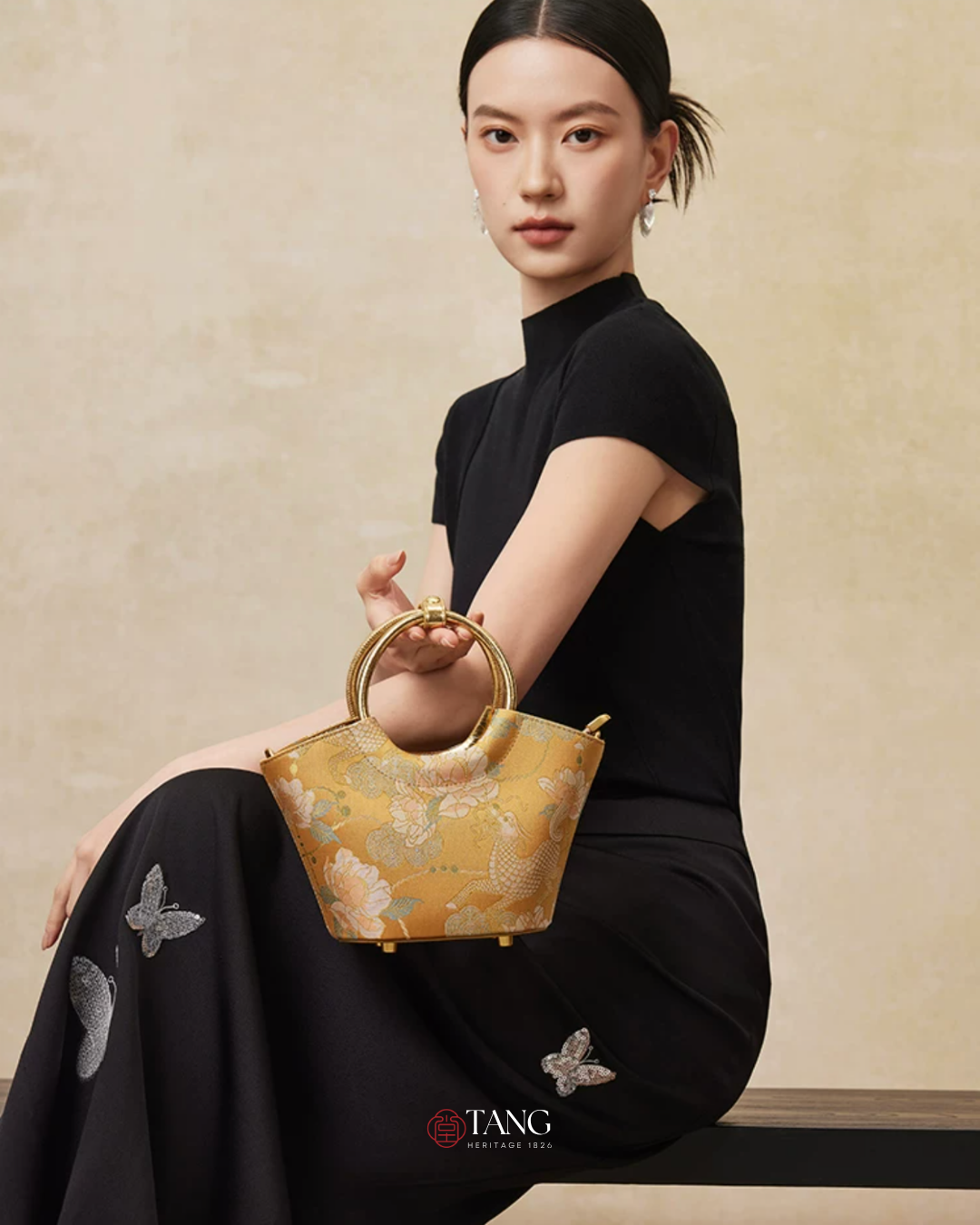 Tang Gold 15 Qilin Peony Song Brocade Basket Bag