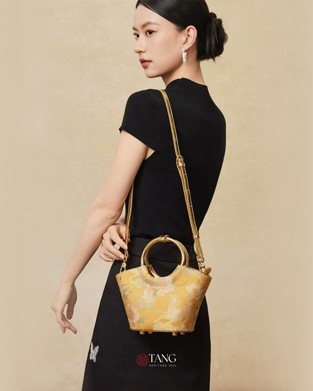 Tang Gold 15 Qilin Peony Song Brocade Basket Bag