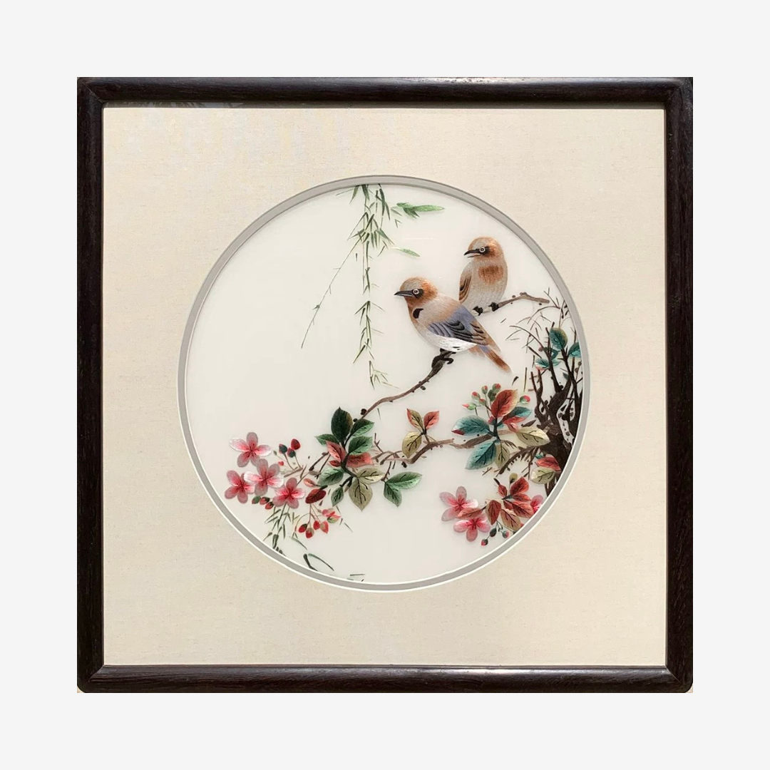Su Embroidery Framed Wall Painting Art | Sparrows Among Autumn Blossom