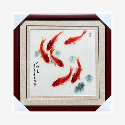 Su Embroidery Framed Wall Painting Art | Six Koi of Perpetual Abundance