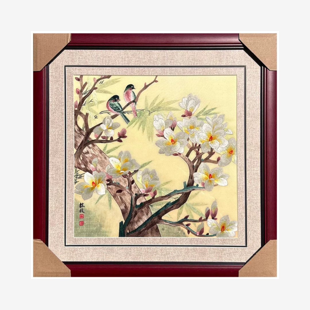 Su Embroidery Framed Wall Painting Art | Two Birds Among Magnolia Blossom