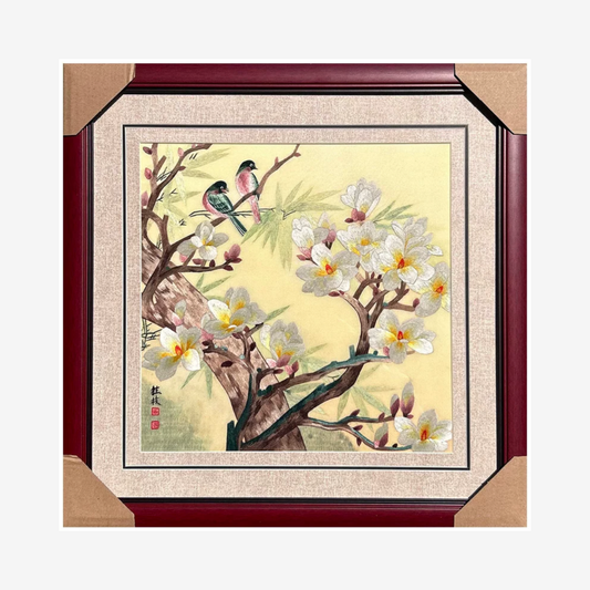 Su Embroidery Framed Wall Painting Art | Two Birds Among Magnolia Blossom