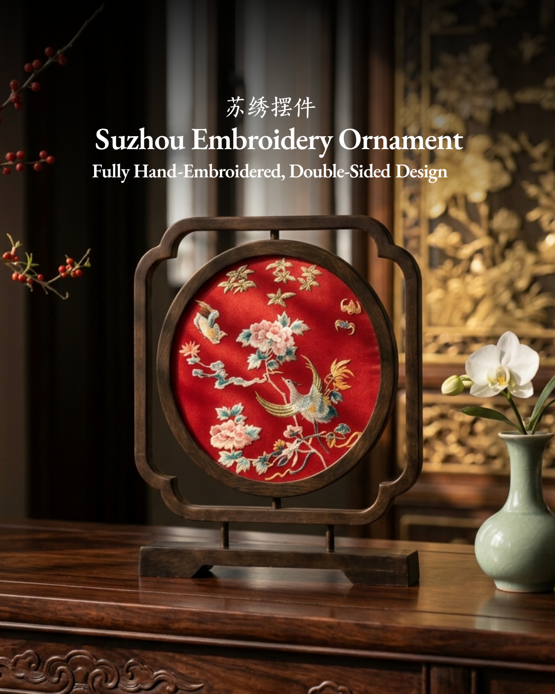 Su Embroidery Wood Ornament (Two Designs, Double-Sided)