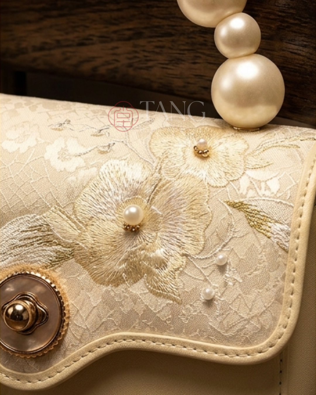 Tang Red 22 Silk Embroidered Orchid Pearl Tote