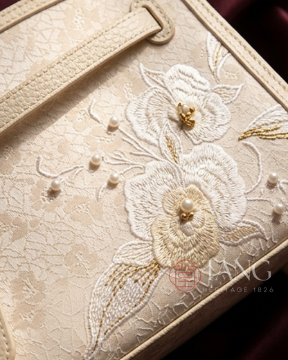 Tang Red 22 Silk Embroidered Orchid Pearl Tote