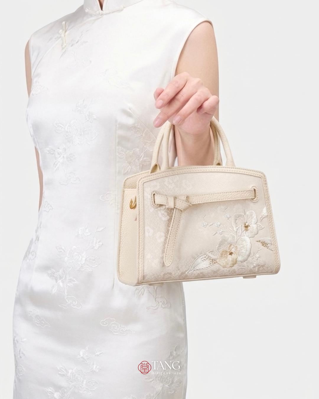 Tang Red 17 Embroidered Orchid Pearl Top-Handle Bag