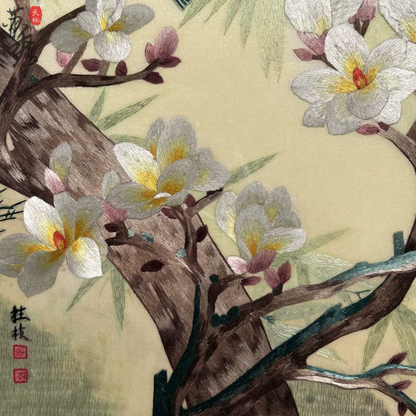 Su Embroidery Framed Wall Painting Art | Two Birds Among Magnolia Blossom