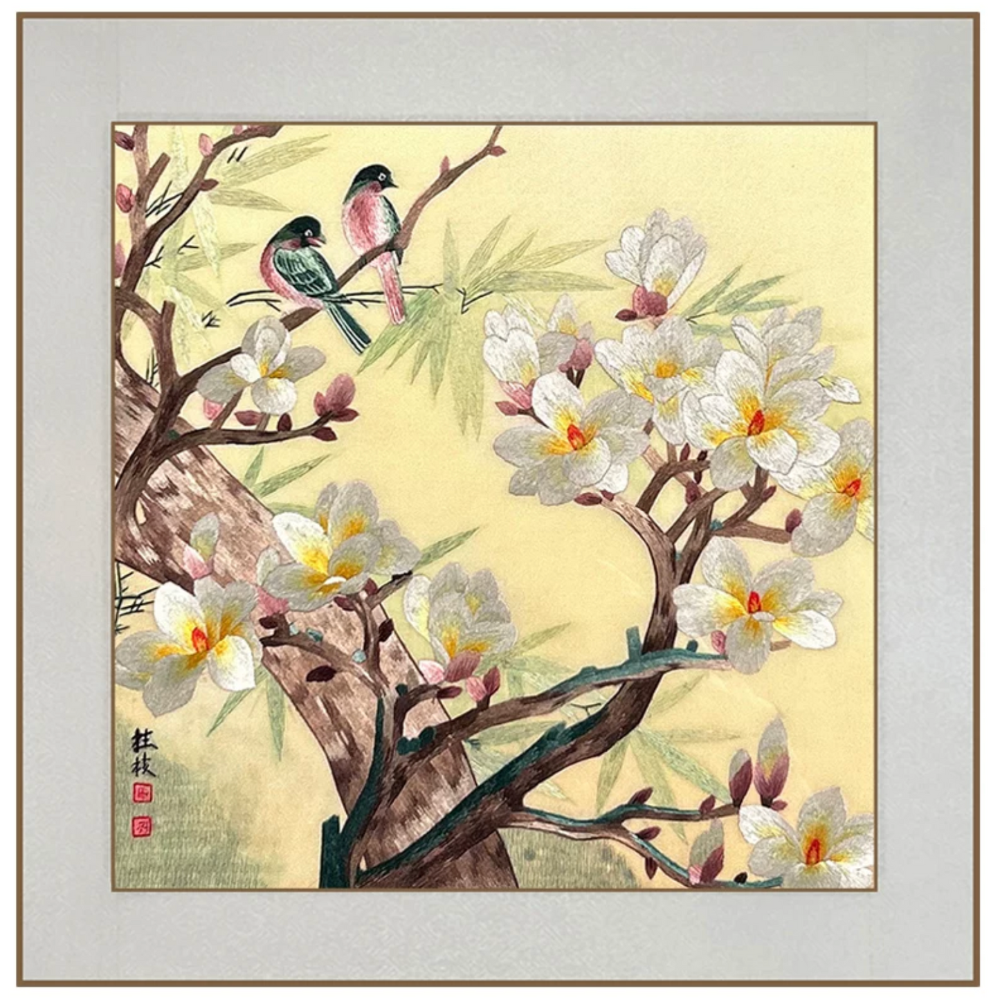 Su Embroidery Framed Wall Painting Art | Two Birds Among Magnolia Blossom