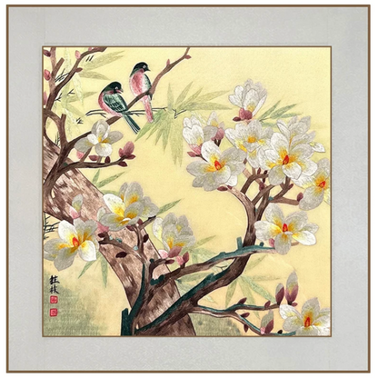 Su Embroidery Framed Wall Painting Art | Two Birds Among Magnolia Blossom