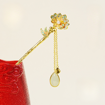 Lotus Fragrance Jade Tassel Hairpin
