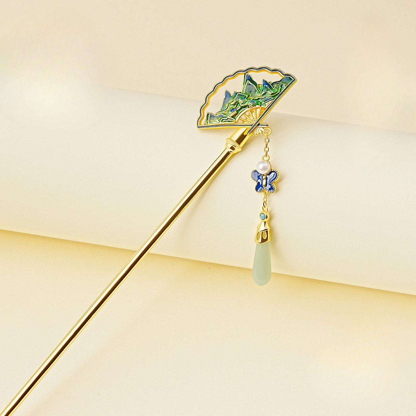 Rivers and Mountains Jade Fan Hairpin