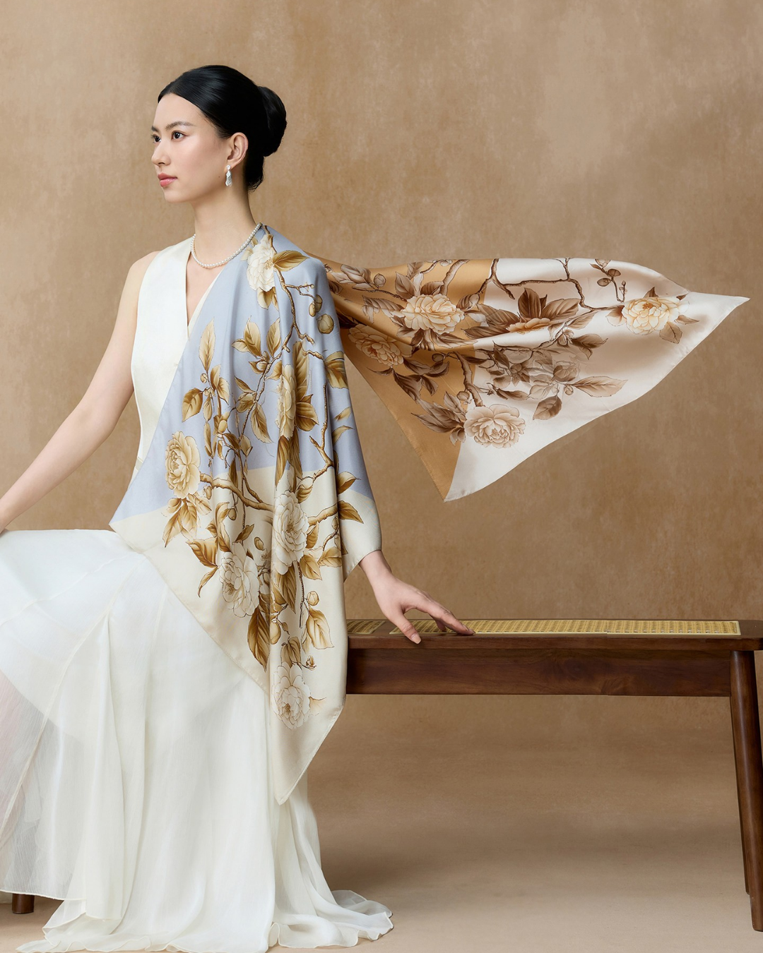 Whispering Petals Double-Sided Printed Mulberry Silk Twill Square Scarf