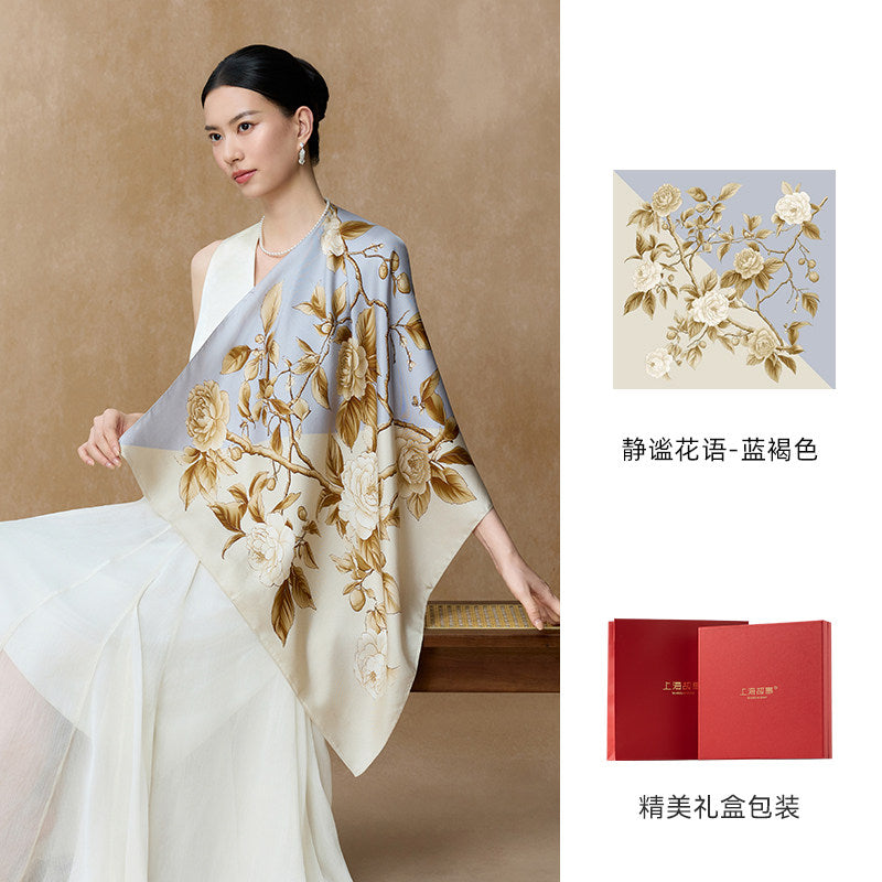 Whispering Petals Double-Sided Printed Mulberry Silk Twill Square Scarf