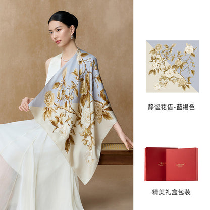 Whispering Petals Double-Sided Printed Mulberry Silk Twill Square Scarf