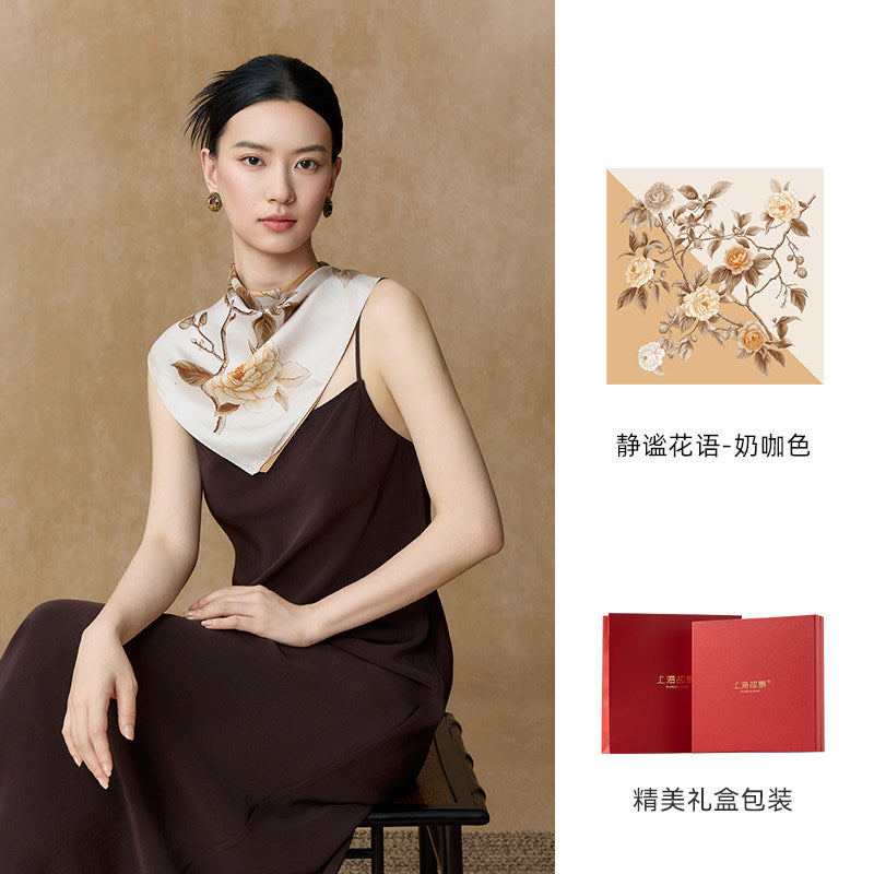 Whispering Petals Double-Sided Printed Mulberry Silk Twill Square Scarf