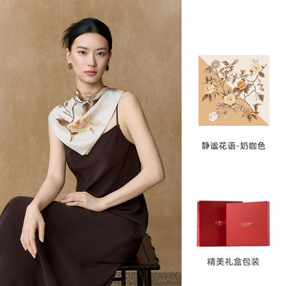 Whispering Petals Double-Sided Printed Mulberry Silk Twill Square Scarf
